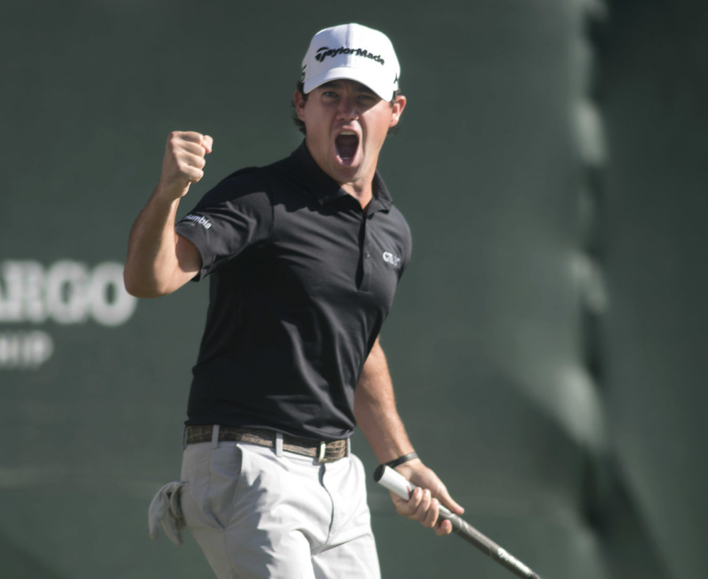 Brian Harman celebrates after his birdie putt on the 18th hole that gave him the victory Sunday at the Wells Fargo Championship in Wilmington, N.C.