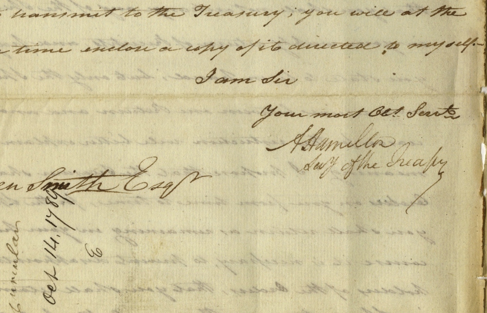 An image from a rare-documents dealer shows an Oct. 14, 1789, letter written by then-U.S. Treasury Secretary Alexander Hamilton, with a close-up of his signature. Ten Hamilton letters about the birth of the U.S. financial system are being sold for $14,000 to $30,000 each.