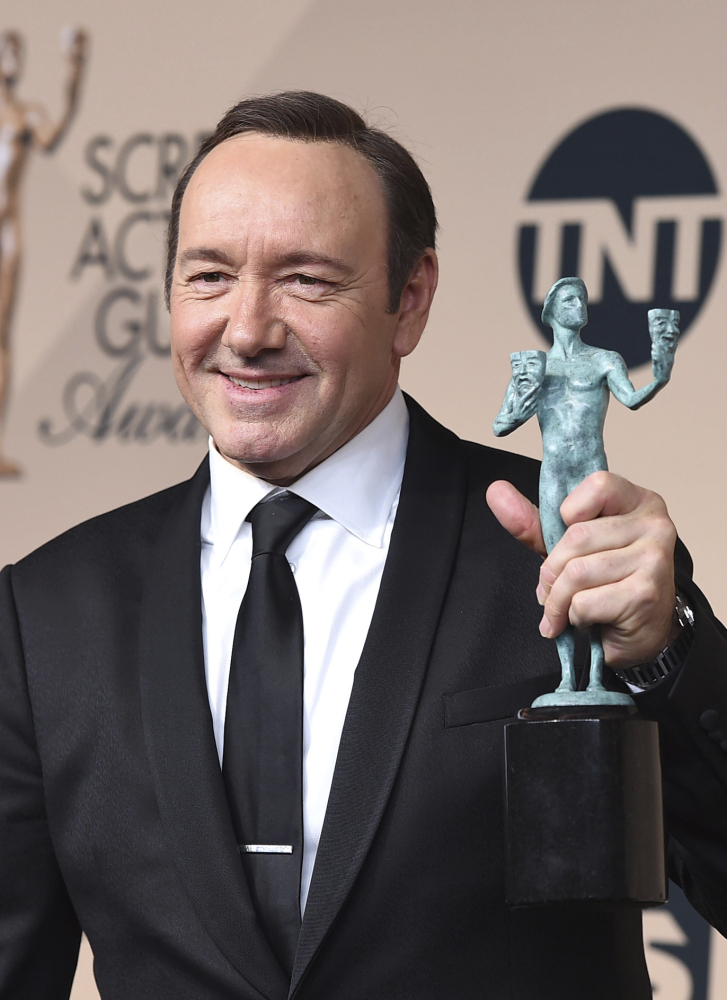 Kevin Spacey poses with his acting award for "House of Cards" at the Screen Actors Guild Awards in 2016. Spacey, who stars as a power-hungry congressman conniving his way to the presidency, hints the new season could rival the drama of current real-world politics.