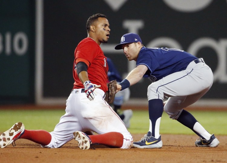 Boston's Xander Bogaerts slides in safely ahead of a tag by Tampa Bay's Brad Miller after hitting a double in the eighth inning Friday night at Boston.