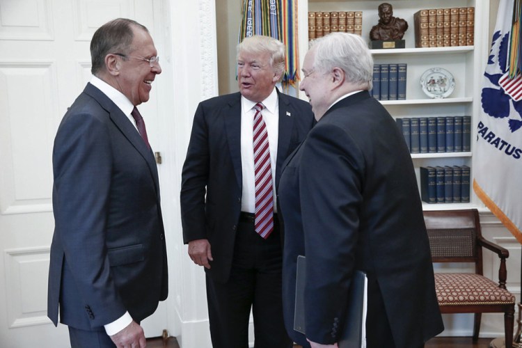 President Trump meets with Russian Foreign Minister Sergey Lavrov, left, and Russian Ambassador to the U.S. Sergei Kislyak at the White House on Wednesday. 