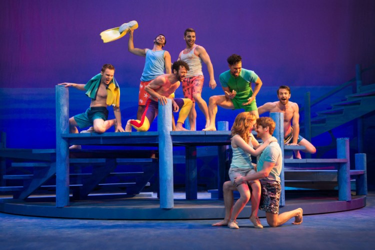 Briana Rappa as Sophie, Mike Heslin as Sky, and the cast of "Mamma Mia!" The production opens the 85th season at the Ogunquit Playhouse.