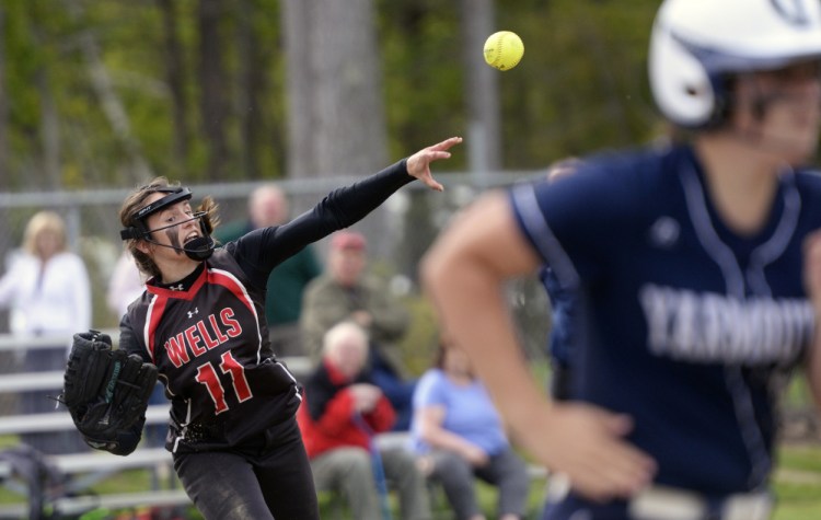 Anya Chase of Wells throws out a Yarmouth batter Tuesday. 