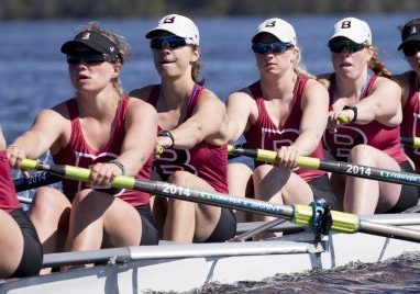 Olivia Stockly, fourth from the right, was drawn to rowing through her family – her mother is the Waynflete coach, and her older brother and sister competed. Her sister, Savannah, is a Bates College teammate, but is injured and won't row in the NCAA Division III finals Friday.