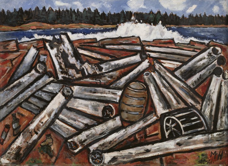 "Log Jam, Penobscot Bay," by Marsden Hartley, oil on masonite, 1940-41.