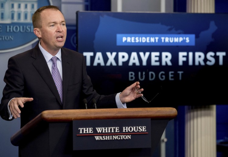 Budget Director Mick Mulvaney speaks to the media about President Trump's proposed fiscal 2018 federal budget at the White House on Tuesday.