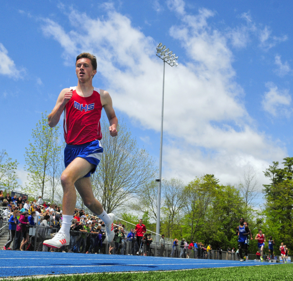 Owen Concaugh of Messalonskee opens up a big lead on his way to victory in the 1,600 meters Saturday at the Kennebec Valley Athletic Conference track and field championships in Bath. Concaugh finished in 4 minutes, 34.13 seconds – five seconds ahead of his closest challenger. Messalonskee won the boys' team title, while the Edward Little girls edged Messalonskee by a half-point.