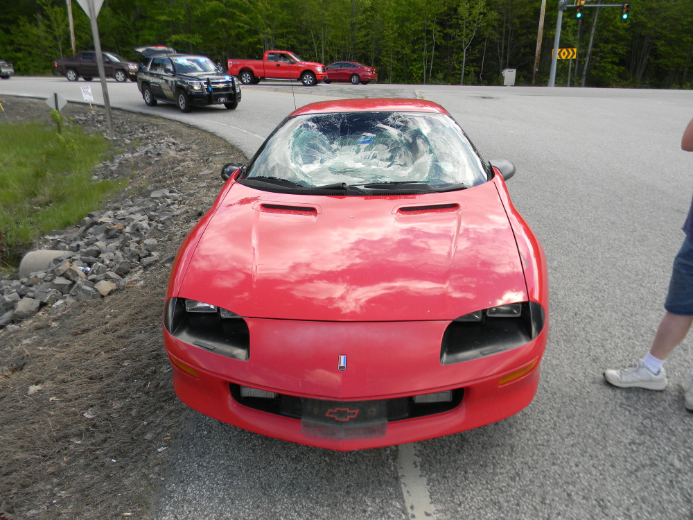 Michael Lamontagne of Limington crashed this Chevy Camaro into a bicyclist at the corner of Routes 113 and 25 in Standish when he failed to stop at a red light in the afternoon of May 27, 2017, according to police. Lamontagne has been charged with driving to endanger and failure to stop at a red light.