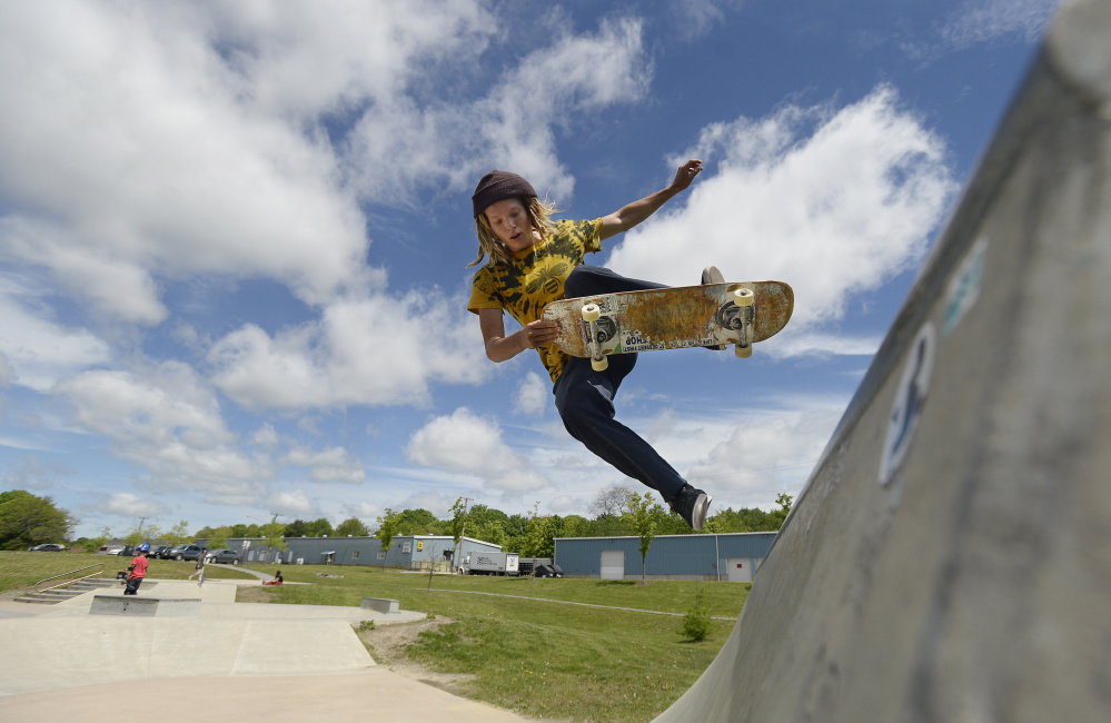 Sky Bullard of Portland takes to the air at the skate park at Dougherty Field in Portland on Saturday.