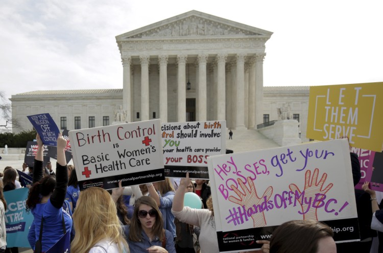 Supporters of contraception rally in 2016 before the Supreme Court heard Zubik v. Burwell, an appeal brought by Christian groups demanding full exemption from the Affordable Care Act's contraceptive coverage requirement. The case was sent back to the lower courts; the Trump administration is now close to finalizing a rule that would relax the mandate.