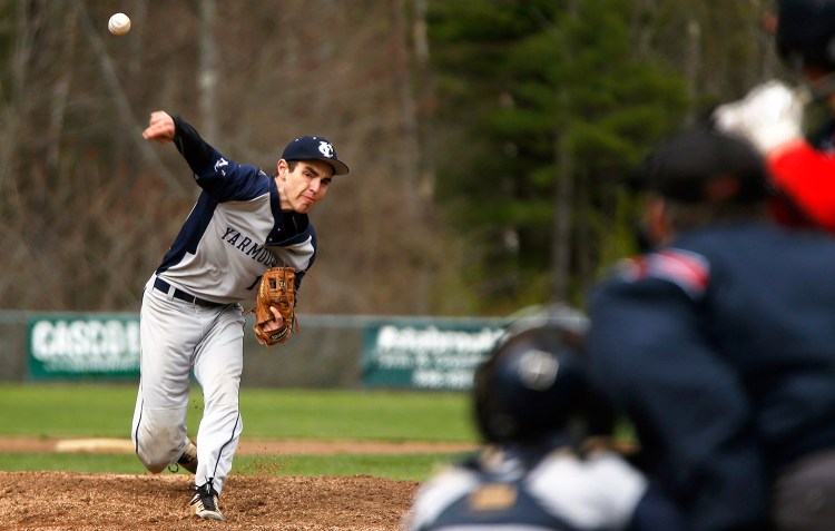 Yarmouth pitcher Gibson Harnett throws against New Gloucester on Monday. Harnett led Yarmouth to a 2-1 home win, giving up just four hits while striking out eight batters.
