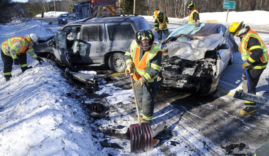 Monmouth firefighters collect debris on March 6, 2014, from a two-car collision that killed Joan Fortier, 67, of Mount Vernon, on U.S. Route 202 in Monmouth. Alyssa Marcellino, 25, of Winthrop, was convicted of causing the death of another and, on Monday, sent back to jail to serve additional time for violating the terms of her probation.