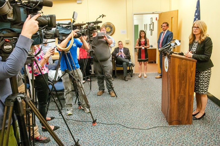 Health and Human Services Commissioner Mary Mayhew took no questions during the brief news conference about her departure from the DHHS on Wednesday in Augusta.