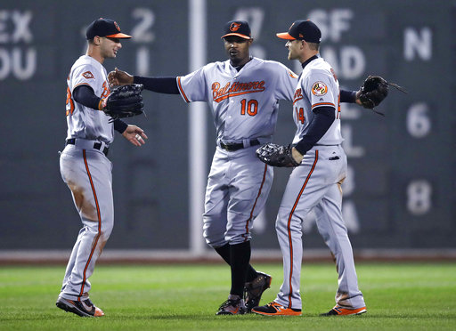 Baltimore center fielder Adam Jones celebrates with right fielder Craig Gentry, right, and left fielder Joey Rickard left, after defeating the Boston Red Sox 5-2 Monday.  Associated Press/Charles Krupa
