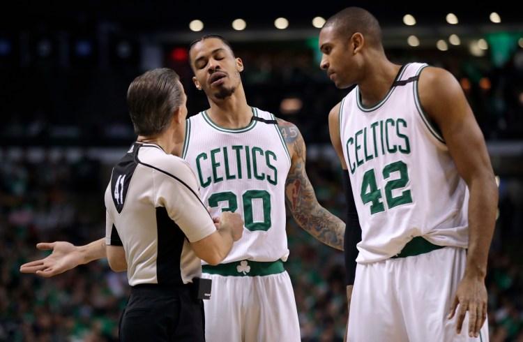 Celtics forward Gerald Green, 30, and center Al Horford appeal to referee Ken Mauer during the first half Thursday night.
