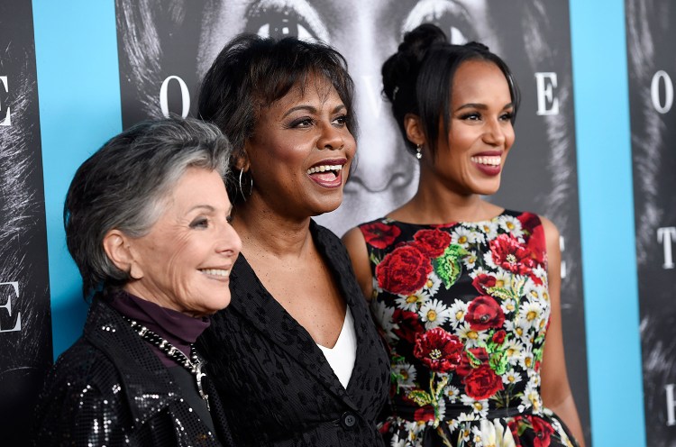 Anita Hill, center, subject of the HBO film "Confirmation," poses with U.S. Sen. Barbara Boxer of California, left, and star Kerry Washington at the premiere of the film at Paramount Studios in March 2016, in Los Angeles. 