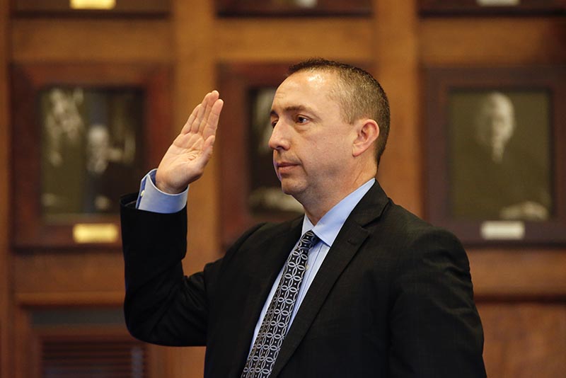 Portland Police Chief Michael Sauschuck is sworn in before taking the witness stand in Friday's hearing. He was one of only two witnesses who weren't lawyers.