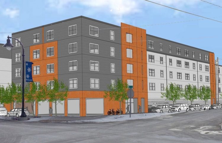 An architect's rendering of the affordable apartment or condo building that the South Portland Housing Authority wants to build at Ocean and B streets in the city's Knightville neighborhood.