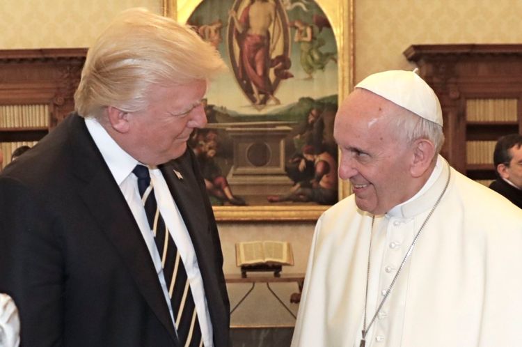 Pope Francis meets with President Trump on the occasion of their private audience at the Vatican Wednesday.