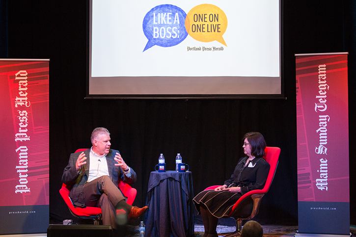 Mike Vail of Hannaford Supermarkets talks with Like a Boss host Lisa DeSisto at the Like A Boss event.
