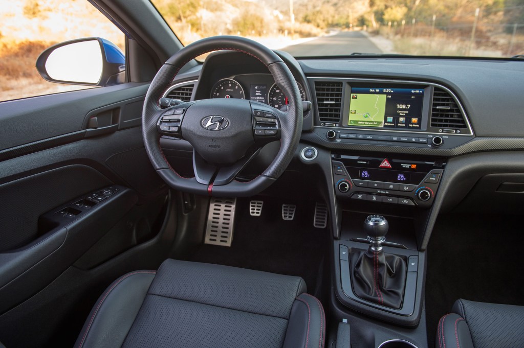 The 2017 Hyundai Elantra Sport flat-bottomed sport steering wheel feels good in the hands, though the steering doesn't pick up everything from the road. 