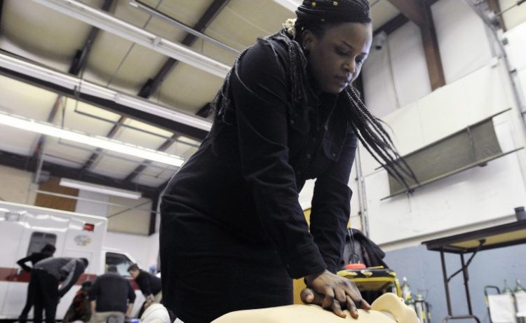 Jolly Ntirumenyerwa of Portland, who was a doctor in the Democratic Republic of Congo, practices CPR during an EMT training class in March. Immigration is necessary to fuel Maine's economy and lift everyone up.
