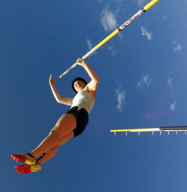 Scarborough junior Kirsten Dennen takes flight during pole vaulting practice Thursday afternoon. Dennen placed second last weekend in the SMAA championships, part of a 1-2-3 finish for the Red Storm, who go into Saturday's Class A state meet with three of the top five seeds in the pole vault.