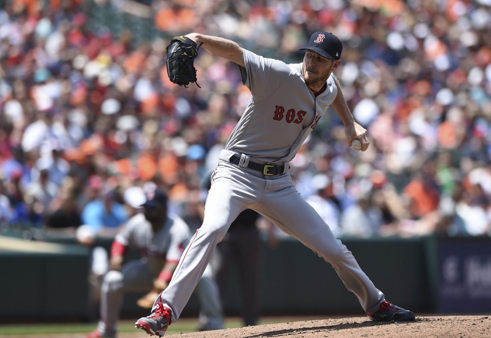 Red Sox pitcher Chris Sale allowed three runs on six hits while striking out nine and walking one to earn his seventh win of the season as Boston won 7-3 Sunday in Baltimore.
