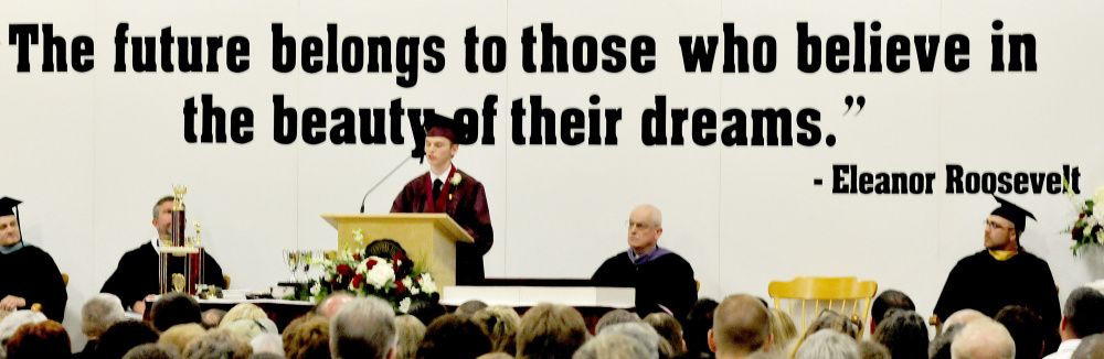 Maine Central Institute valedictorian Brayden Rollins speaks at commencement in Pittsfield on Sunday.