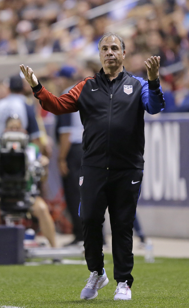 U.S. coach Bruce Arena reacts on the sideline during the second half of the team's international friendly soccer match against Venezuela on Saturday in Sandy, Utah.