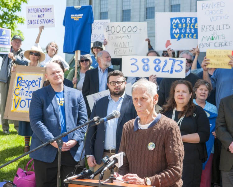 Jon Olsen of the Maine Green Independent Party speaks during a June 1 rally in Augusta to defend ranked-choice voting. More Mainers – 388,273 in all – voted in favor of the change than voted for either Hillary Clinton, who won Maine, or Donald Trump.