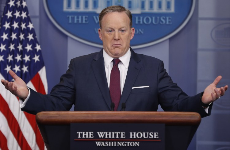 Several made-up quotes were attributed to White House press secretary Sean Spicer on a satire website, including assertions that President Trump was legally permitted to decide how English words are spelled, as "one of the perks of being president." The reference, of course, was the president's use of "covfefe" in a tweet.