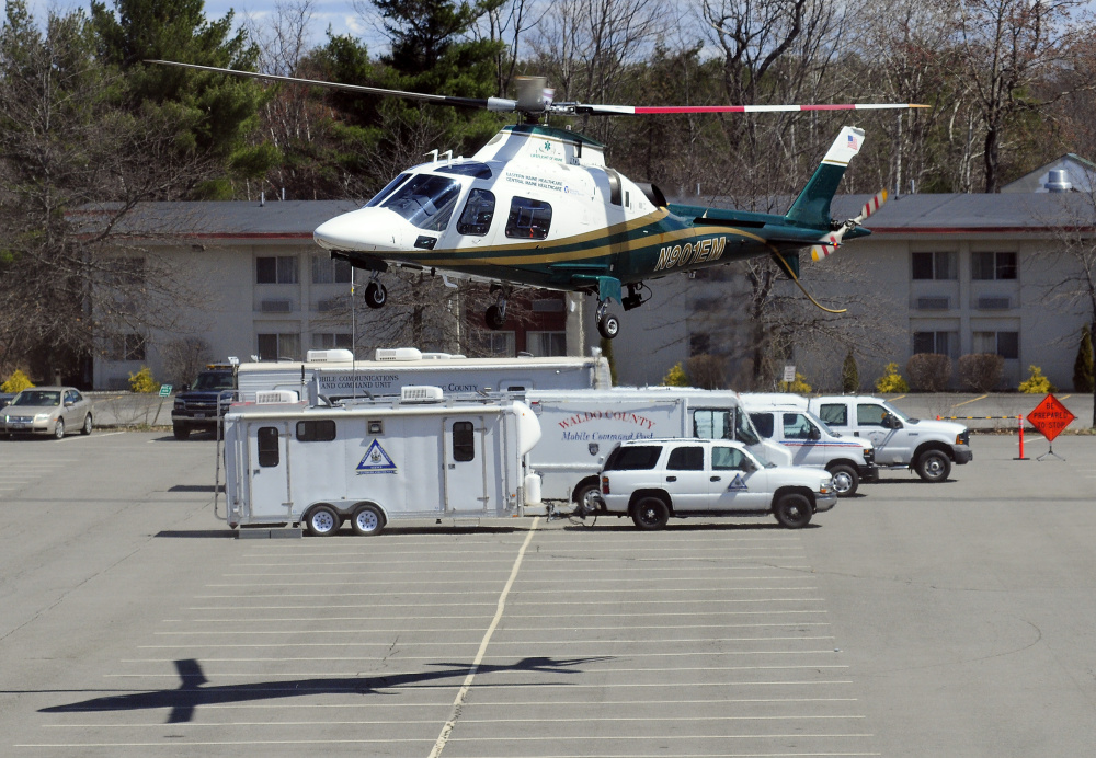 A LifeFlight air ambulance comes in for a landing in front of county emergency management command centers during the 8th annual Maine Partners in Emergency Preparedness Conference in 2016 at the Augusta Civic Center. The service has acquired a third helicopter.