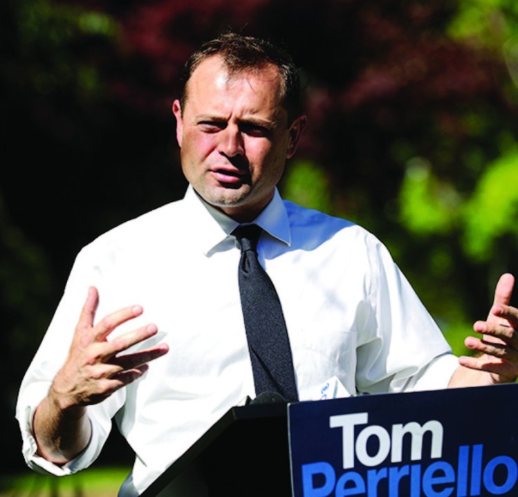 Democratic gubernatorial hopeful Tom Perriello speaks at the site of the Robert E. Lee statue at Lee Park in Charlottesville, Virginia, on Monday.
