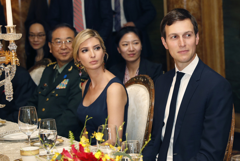 Ivanka Trump, center, is seated with her husband, White House senior adviser Jared Kushner, right, during a dinner April 6 with President Trump and Chinese President Xi Jinping at Mar-a-Lago in Palm Beach, Fla.