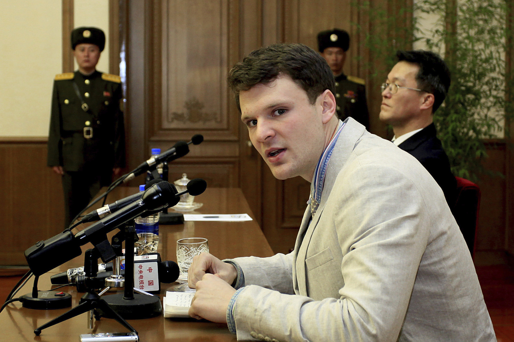 Otto Warmbier speaks to reporters in Pyongyang, North Korea, on Feb. 29, 2016. North Korea released the jailed American university student this week, but doctors say he has lost brain tissue and is unresponsive.