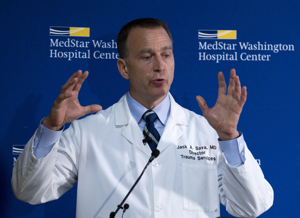 Dr. Jack Sava speaks at a news conference Friday at MedStar Washington Hospital Center about the condition of Rep. Steve Scalise of Louisiana. Sava said that Scalise arrived at the hospital at "imminent risk of death."
