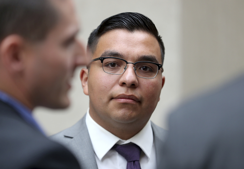 Officer Jeronimo Yanez, seen outside the Ramsey County Courthouse on May 30, was acquitted of manslaughter Friday in the fatal shooting of Philando Castile but his police department said he will not return.