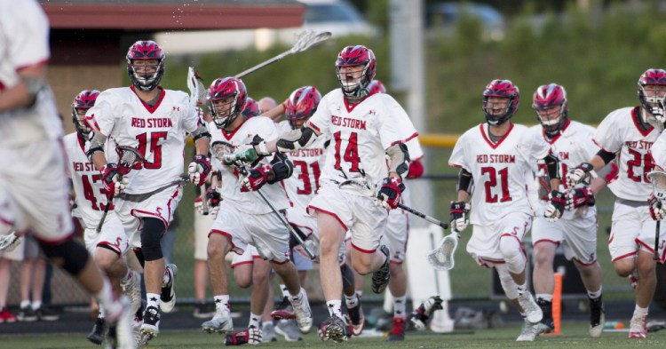 Scarborough earned a shot at its second straight Class A boys' lacrosse state championship when it beat Thornton Academy 20-16 in the South final Wednesday. The Red Storm's opponent Saturday is the same as last year's foe, Brunswick, which is in its fourth consecutive state final.