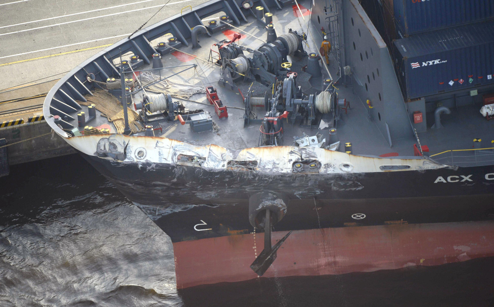The container ship ACX Crystal had its left bow dented and scraped after colliding with the U.S.S. Fitzgerald in the waters off the Izu Peninsula.  Seven members of the Fitzgerald's crew were killed in the crash which went unreported for nearly an hour.