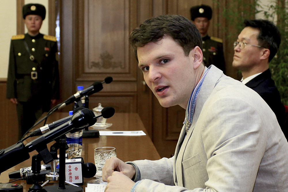 American student Otto Warmbier is shown speaking to reporters on Feb. 29, 2016, in Pyongyang, North Korea. He has died after being held for more than 17 months by North Korea for allegedly taking down a poster.