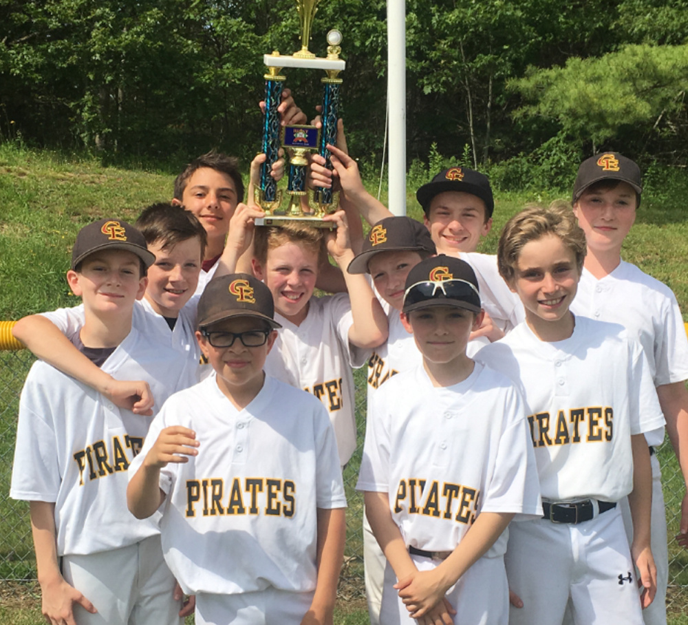 The Pirates won Cape Elizabeth Little League's Majors Division championship on Saturday with a 10-4 victory over the Red Sox. Team members, from left to right: Front – Tate Mosher and Andrew Libby; Middle – Curtis Sullivan, Will Clancy, Colin Blackburn, Sam Bischoff and Will Fougere; Back – Antonio Dell Aquila, Colin Willets and Will Bowe. The coaches are Dan Sullivan, Stefano DellAquila and Dave Bischoff, and the team administrator is Stephanie Bowe.