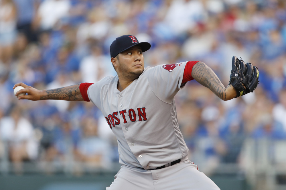 Red Sox starter Hector Velazquez throws in the first inning Monday night against the Kansas City Royals. In his second career start, he pitched into the sixth inning and gave up just two runs.