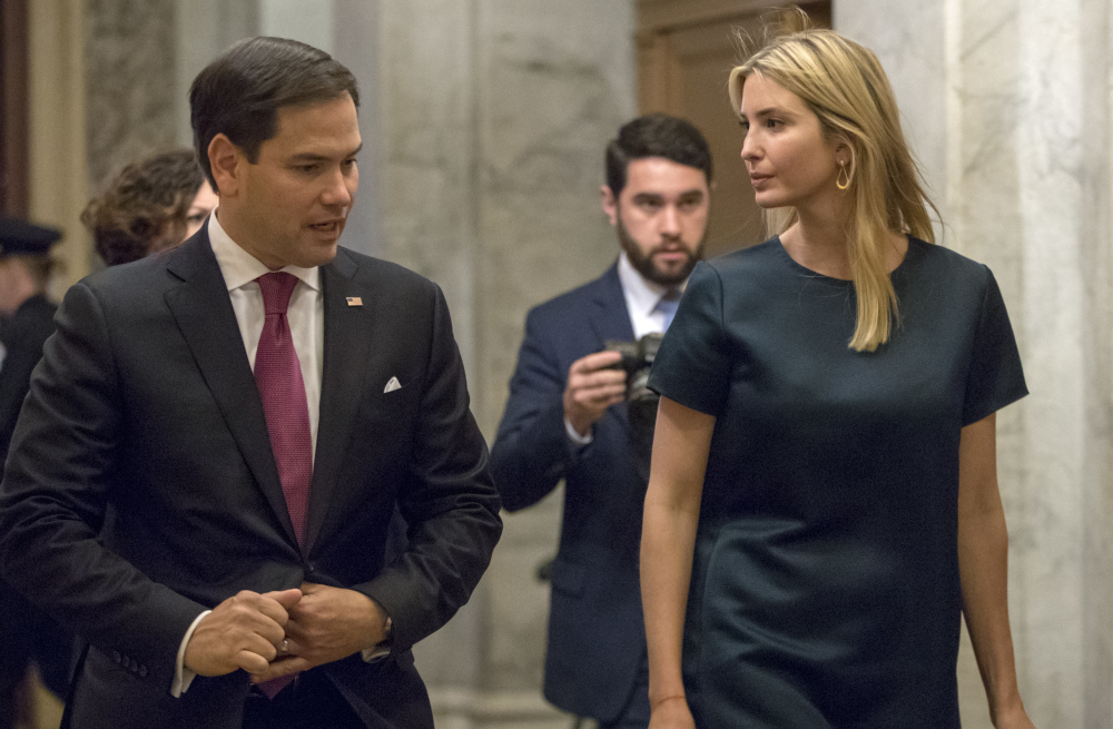 Ivanka Trump, the president's daughter, talks with Sen. Marco Rubio of Florida as she meets with Republican lawmakers.