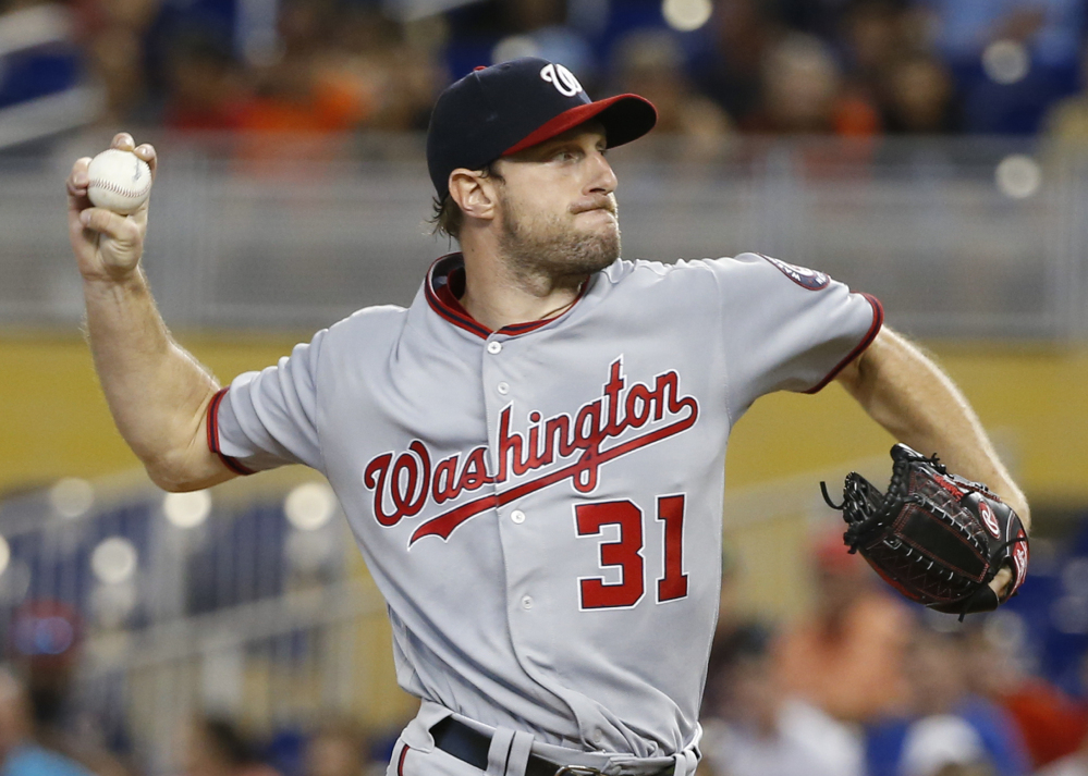 Washington's Max Scherzer pitches another strong game Wednesday afternoon, but two unearned runs cost the first-place Nationals a 2-1 loss to the host Miami Marlins.