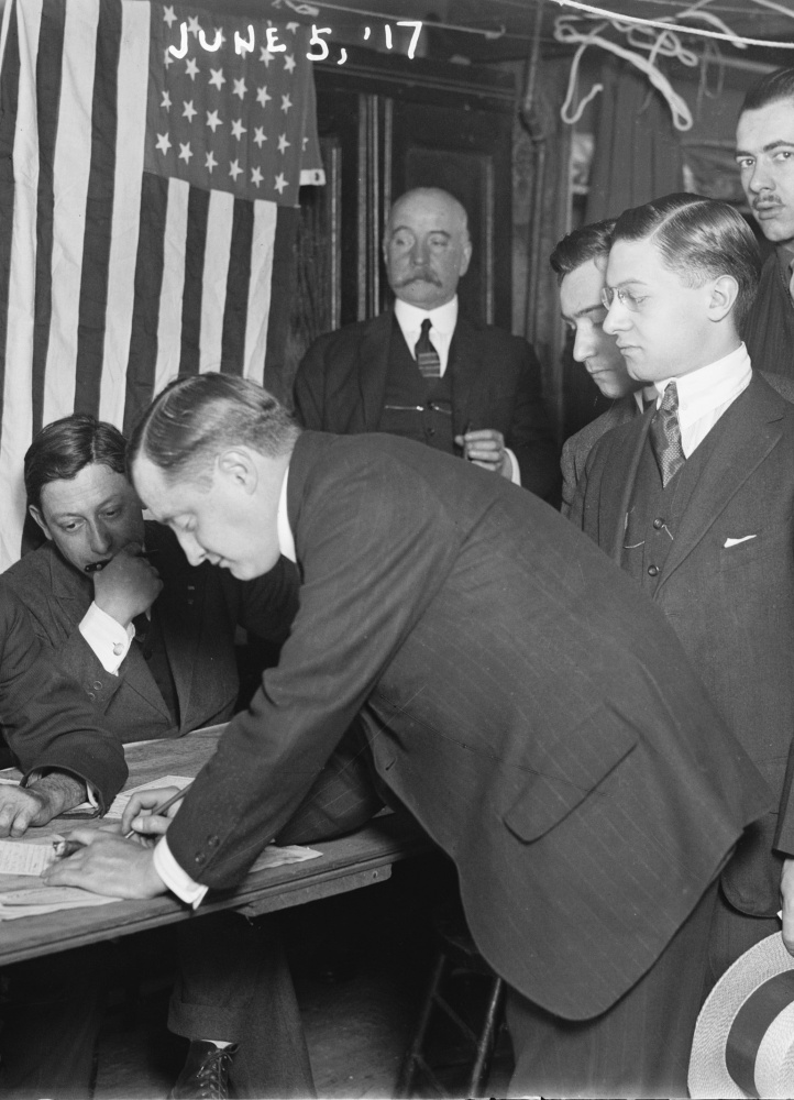 Young men in New York City register for the draft on June 5, 1917, two months after the United States entered World War I.