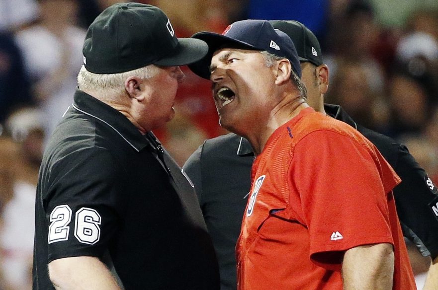 Red Sox Manager John Farrell argues with third-base umpire Bill Miller after a balk call that allowed a run to score Saturday night against the Los Angeles Angels. Farrell was ejected, and Boston lost, 6-3.
