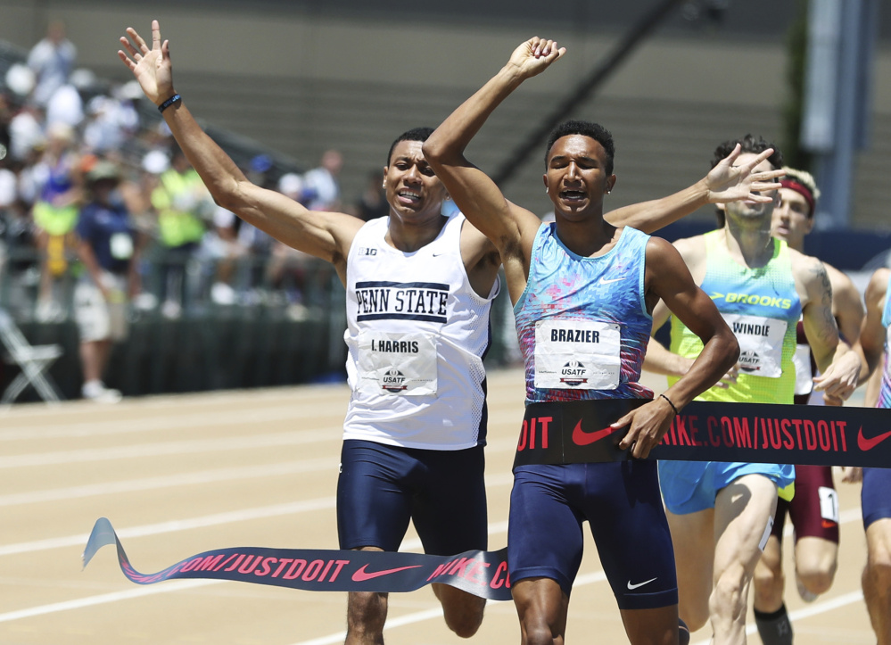 Isaiah Harris, left, of Lewiston celebrates as he crosses the finish line to take second place in the 800 meters at the U.S. track and field championships on Sunday in Sacramento, California. Donvan Brazier, second from left, won the race in 1:44.14. The top three finishers earn a spot on the U.S. team for the world championships in London in August.