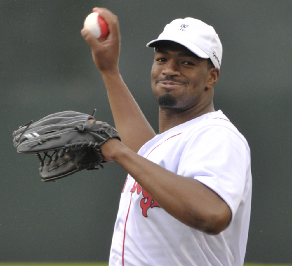 Quarterback Jacoby Brissett of the New England Patriots throws out the first ball Tuesday night before the Sea Dogs' game against New Hampshire at Hadlock Field.