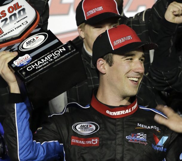 Austin Theriault of Fort Kent celebrates after winning an ARCA race at Daytona on Feb. 18, one of his three ARCA victories this season.